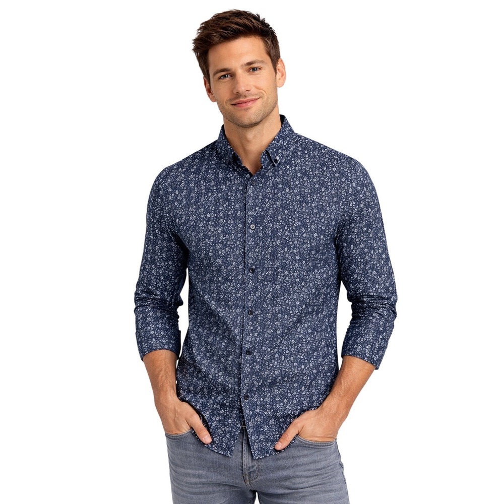 BRAX Men‎ Modern Fit Blue Floral Print Button Down Shirt Natural Flex